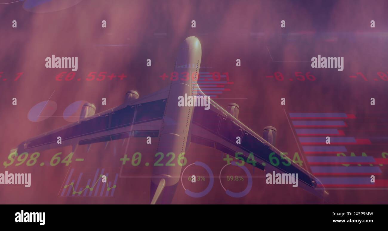 Immagine di grafici ed elaborazione dei dati finanziari su un aereo che vola nel cielo nuvoloso del tramonto Foto Stock