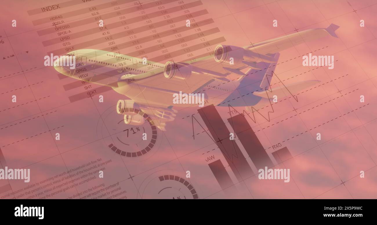 Immagine di un aereo che vola con carte ed elaborazione dei dati su nuvole di tramonto Foto Stock