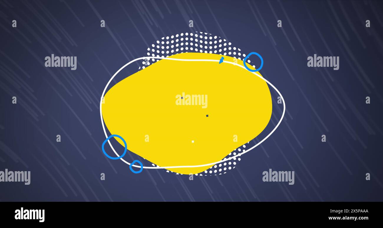 Immagine di cerchi, punti che formano una forma astratta su una linea blu su sfondo blu Foto Stock