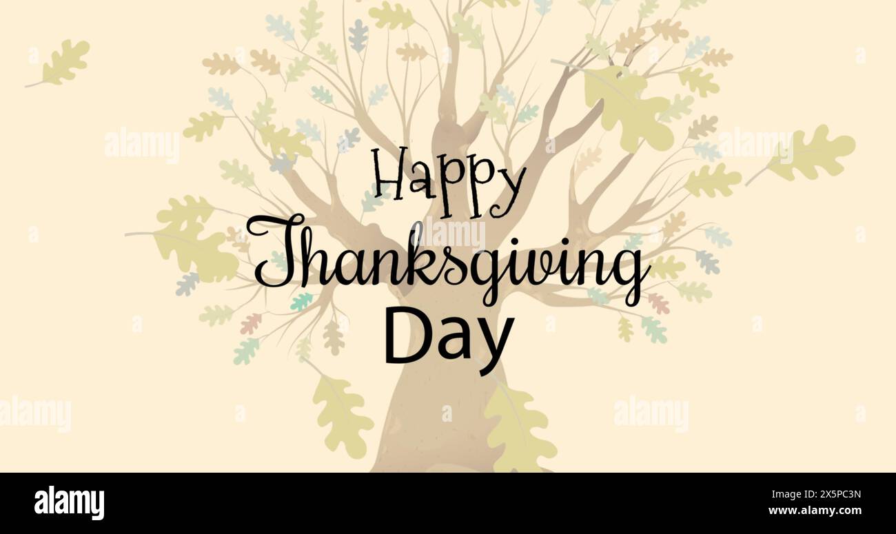 Immagine del giorno del felice ringraziamento testo sull'albero e foglie autunnali su sfondo giallo Foto Stock