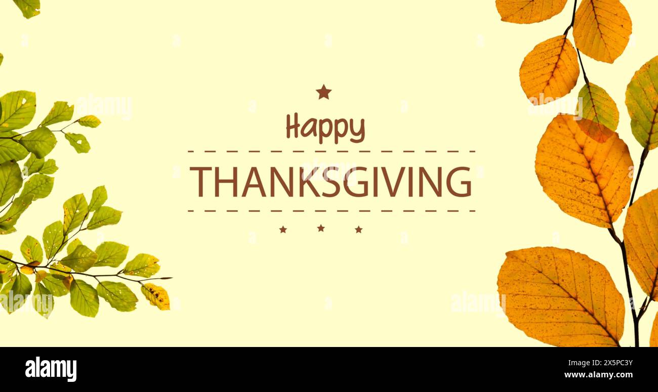 Immagine di un testo di felice ringraziamento su foglie autunnali su sfondo giallo Foto Stock