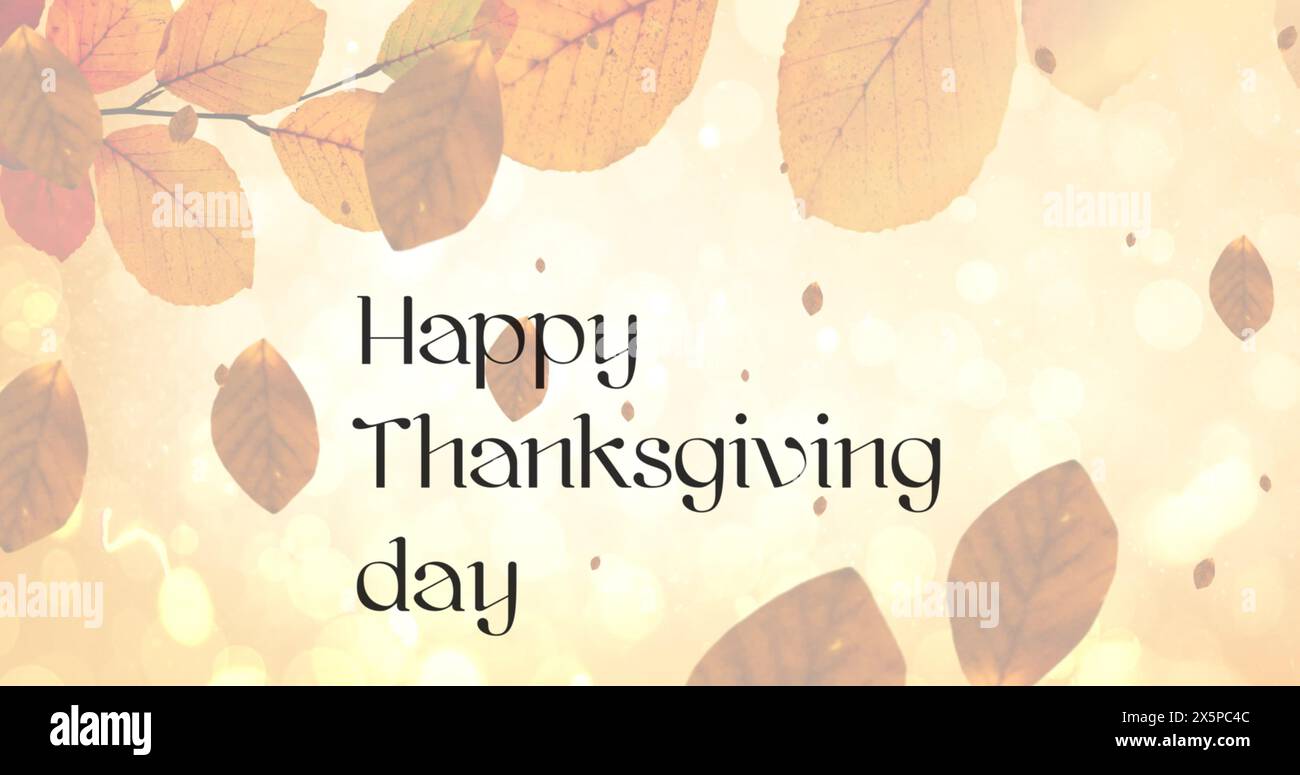 Immagine del testo del giorno del ringraziamento sulle foglie autunnali su sfondo giallo Foto Stock
