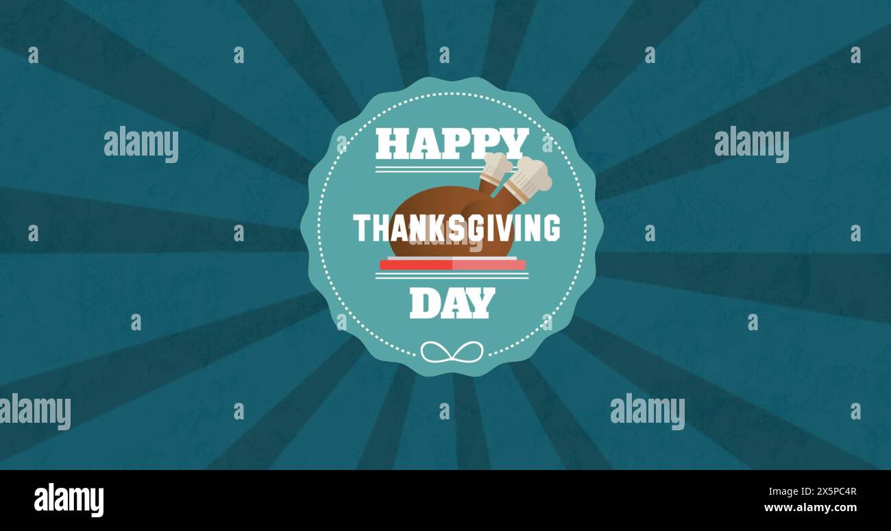 Immagine del testo del giorno del felice ringraziamento su cerchio blu e sfondo a strisce Foto Stock