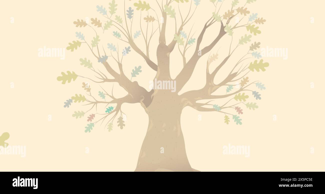 Immagine del giorno del felice ringraziamento testo sull'albero e foglie autunnali su sfondo giallo Foto Stock