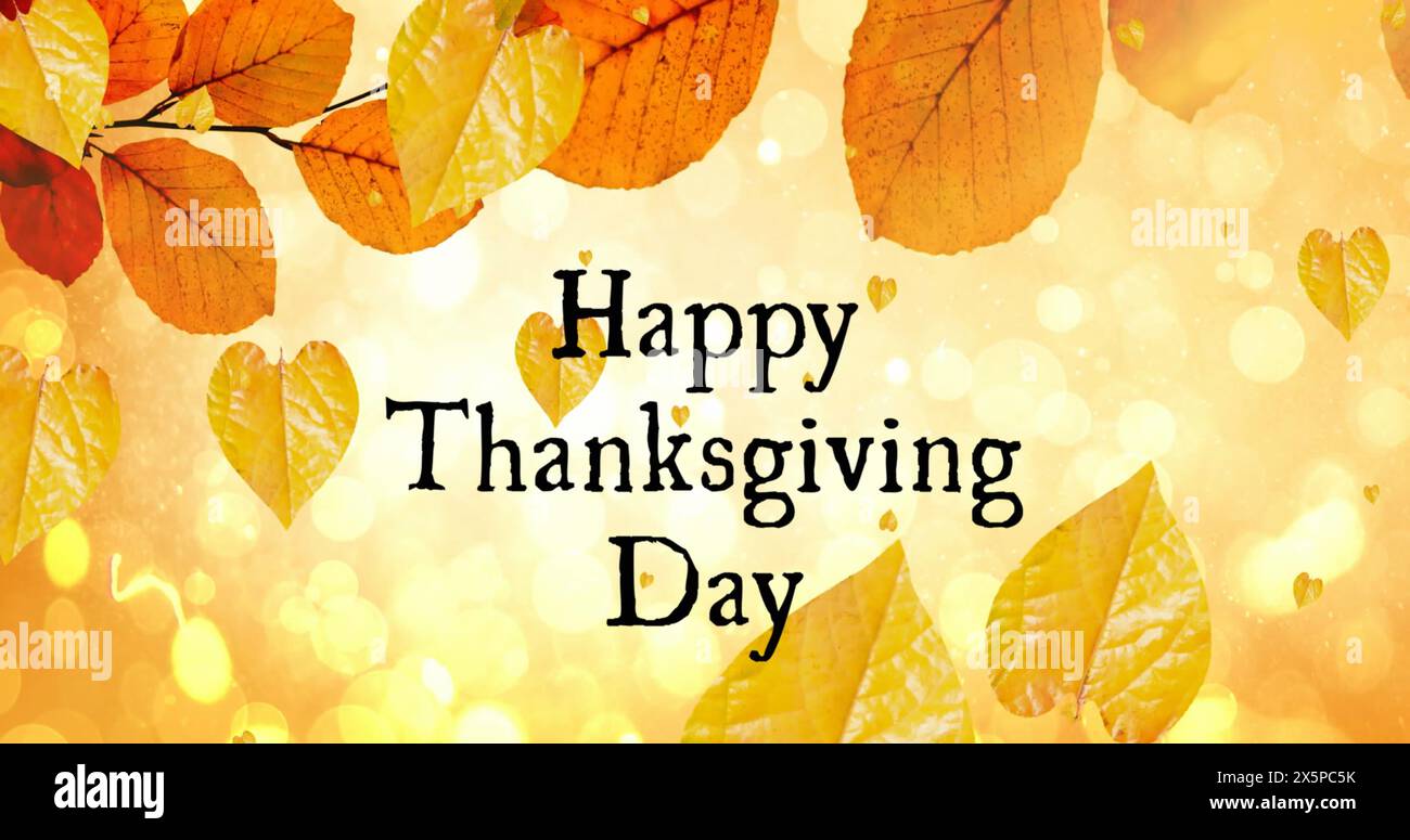 Immagine del testo del giorno del ringraziamento sulle foglie autunnali su sfondo giallo Foto Stock
