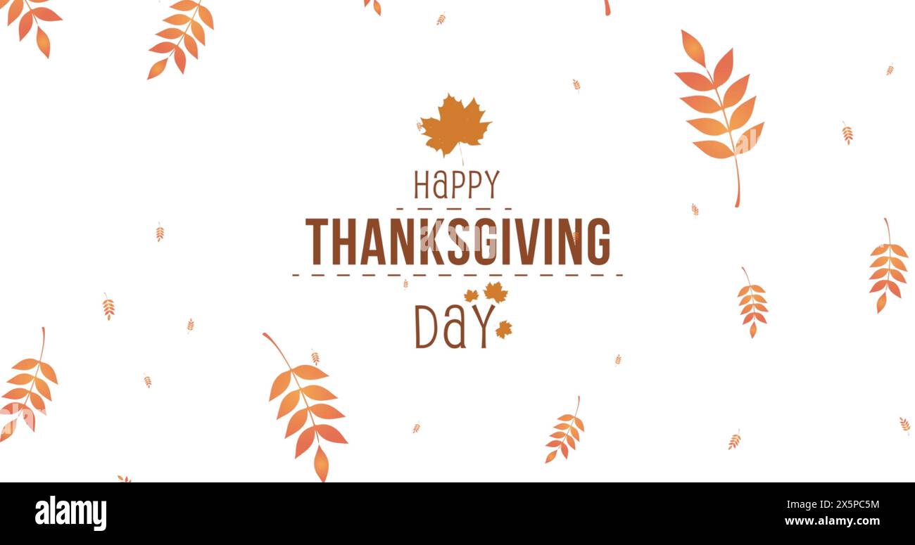 Immagine del testo del giorno del Ringraziamento sulle foglie autunnali su sfondo bianco Foto Stock