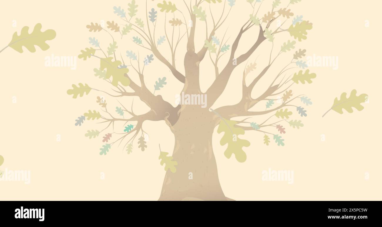 Immagine del giorno del felice ringraziamento testo sull'albero e foglie autunnali su sfondo giallo Foto Stock