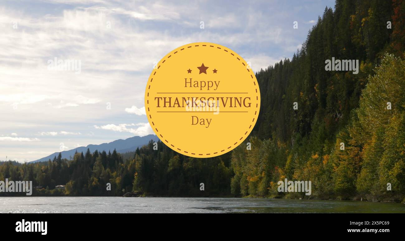 Immagine del testo del giorno del ringraziamento sul paesaggio autunnale sullo sfondo Foto Stock