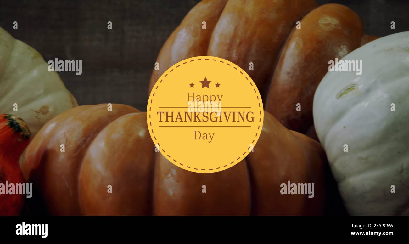Immagine del testo del giorno del felice Ringraziamento sullo sfondo delle zucche Foto Stock