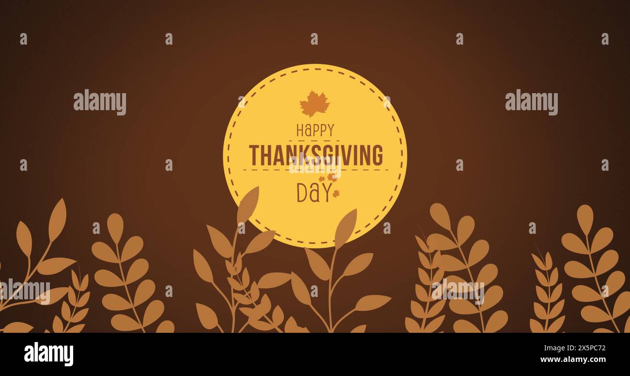 Immagine del testo del giorno del ringraziamento sulle foglie autunnali su sfondo marrone Foto Stock