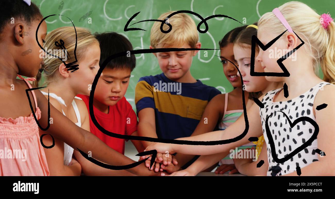 Immagine delle icone e dei banner del concetto scolastico con spazio di copia sugli studenti che si impilano le mani Foto Stock