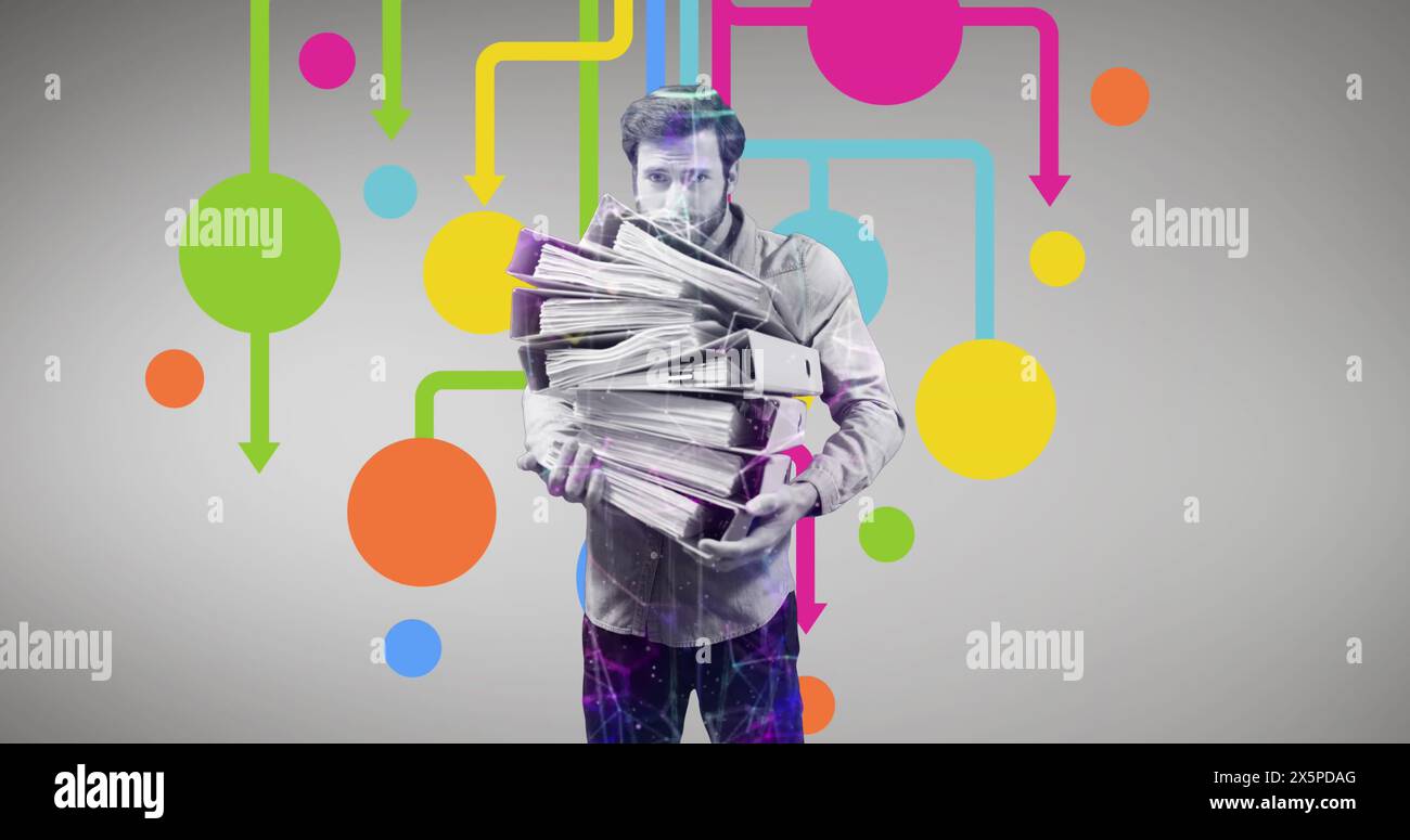 Uomo bianco con diversi giornali, circondato da linee e punti astratti colorati Foto Stock