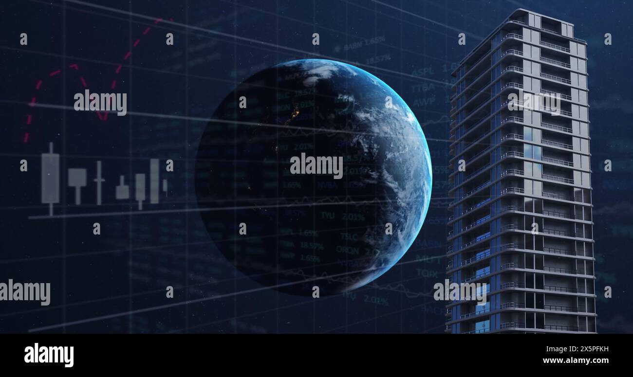 Alto edificio torreggiante accanto al globo digitale che mostra grafici di dati Foto Stock