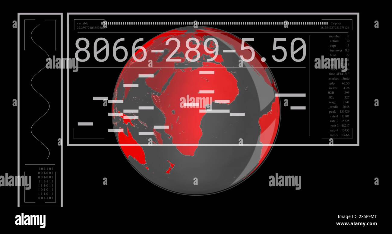 Immagine dell'interfaccia con elaborazione dei dati su globo rotante su sfondo nero Foto Stock
