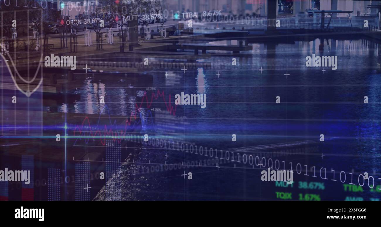 Immagine dei dati finanziari, del codice binario e dei grafici sugli edifici delle città Foto Stock