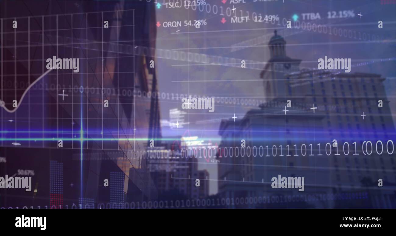 Immagine dei dati finanziari, del codice binario e dei grafici sugli edifici delle città Foto Stock