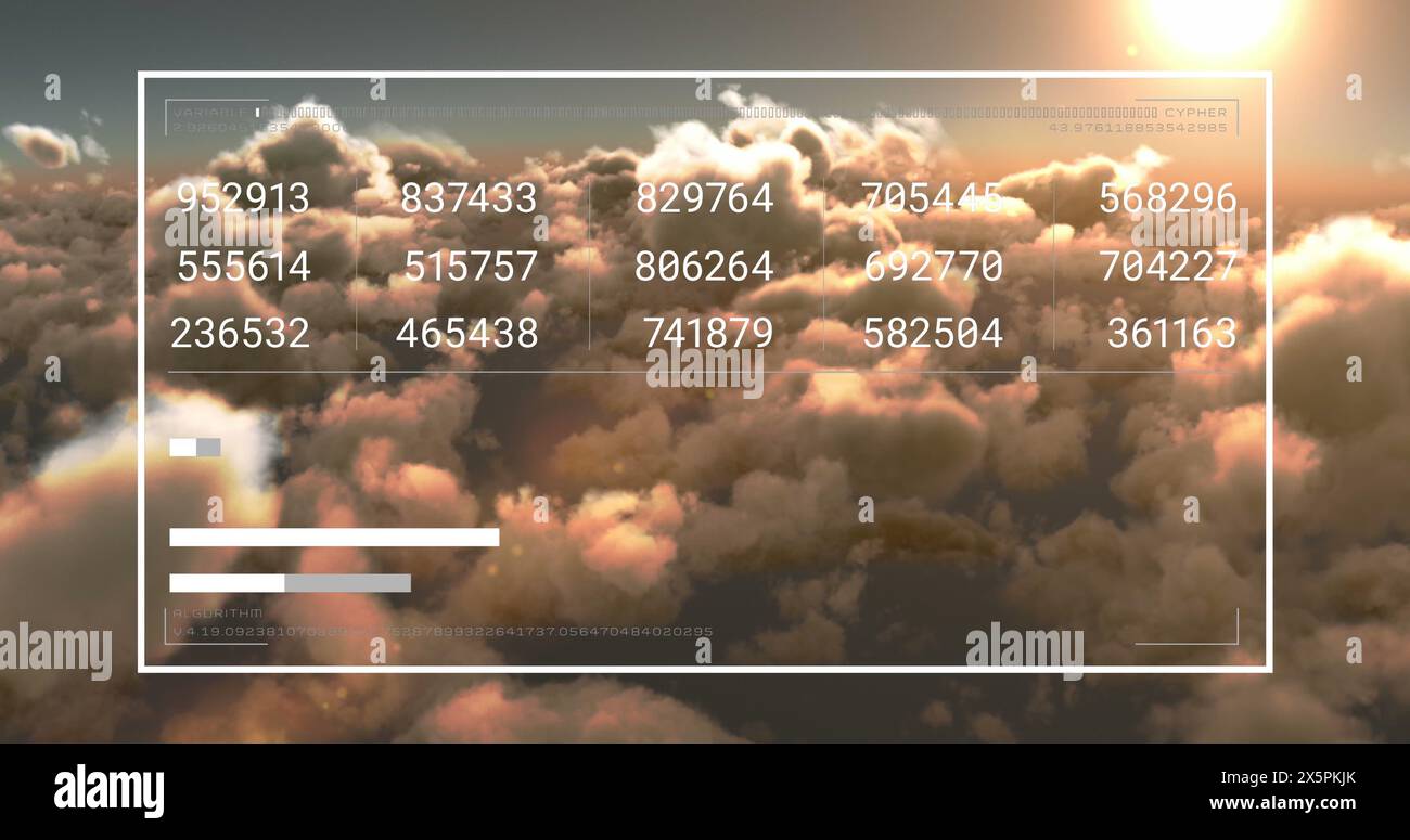 Immagine dell'interfaccia con elaborazione dei dati contro le nuvole e il sole splendente nel cielo Foto Stock