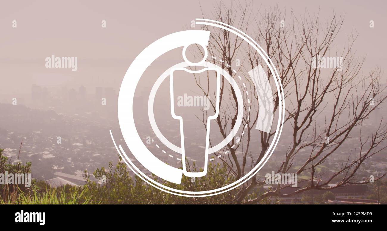 Immagine dell'icona del profilo su uno scanner rotondo contro la vista aerea del paesaggio urbano Foto Stock