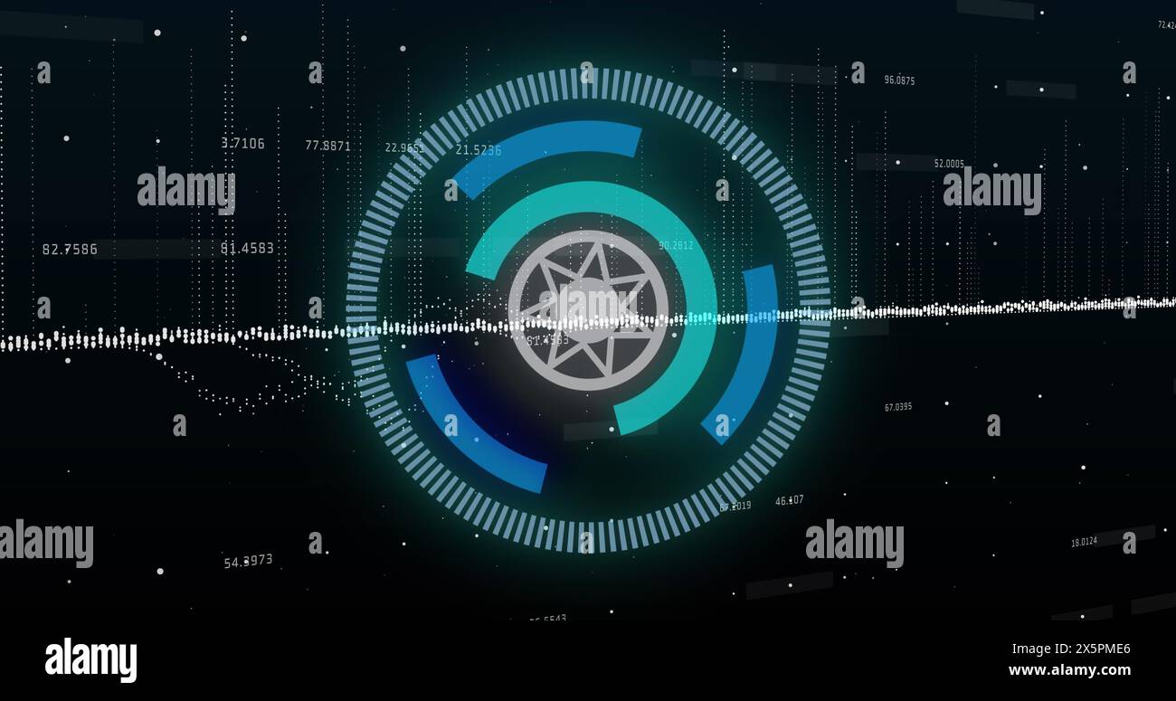 Elaborazione dati e icona di caricamento dati blu su sfondo nero Foto Stock