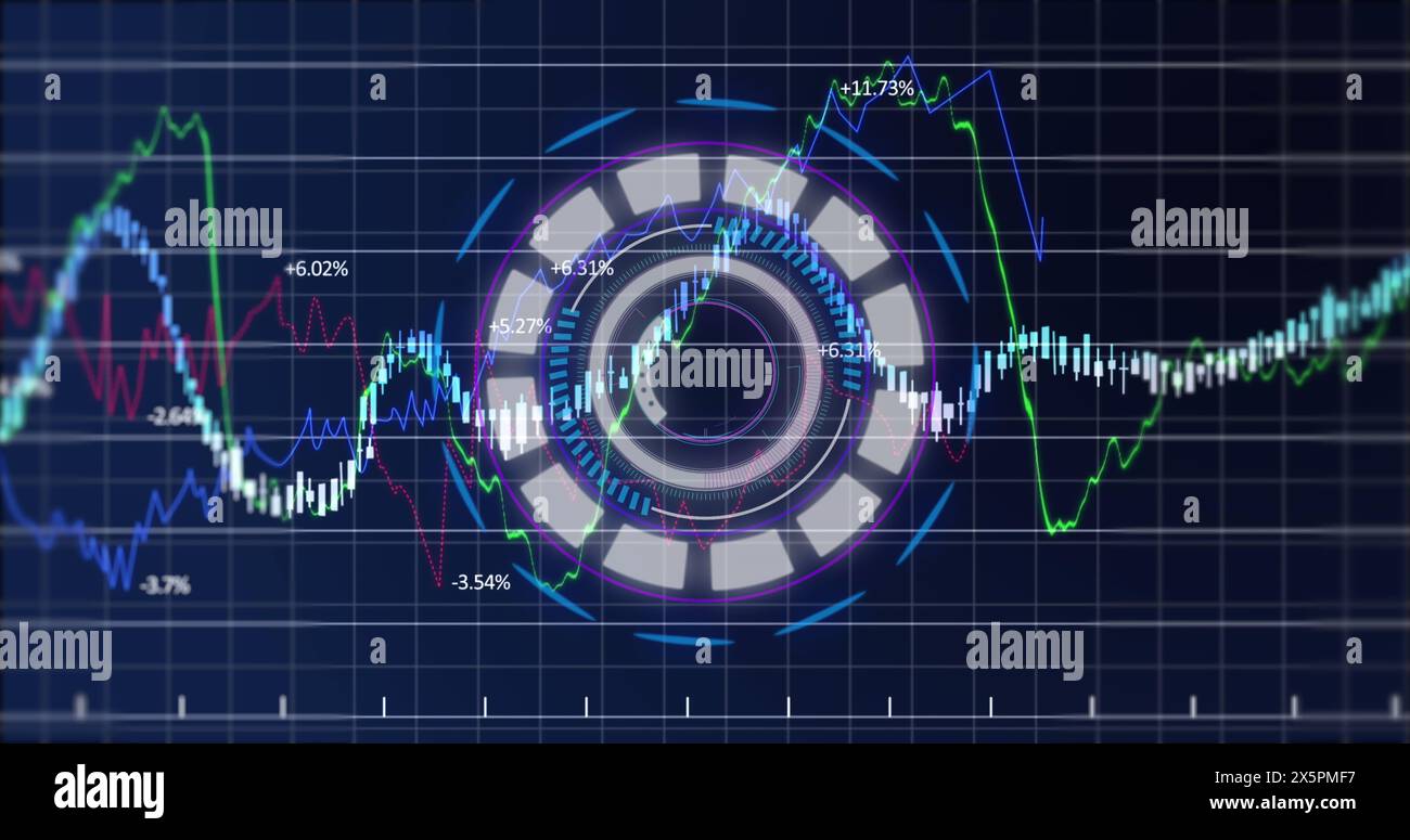 Grafici che elaborano i dati e l'icona di caricamento dei dati su sfondo nero Foto Stock