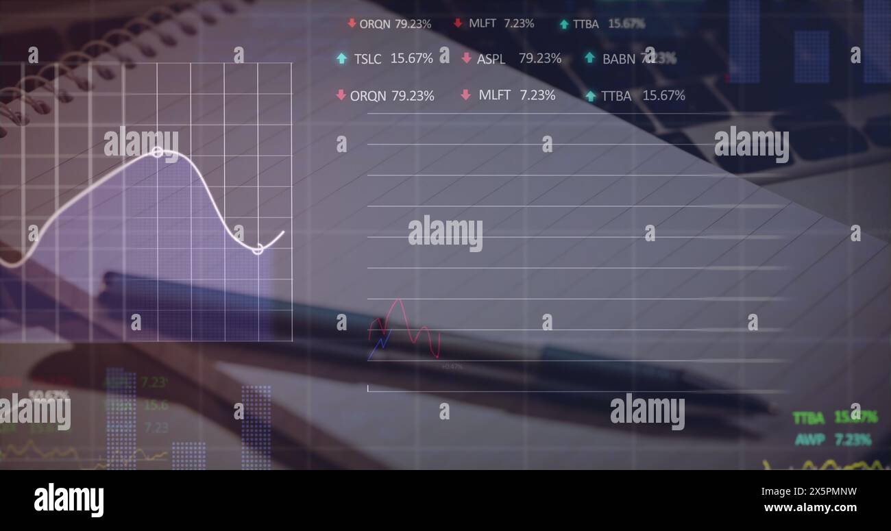 Immagine di più grafici e tabelloni da negoziazione su penna su blocco note con tastiera Foto Stock