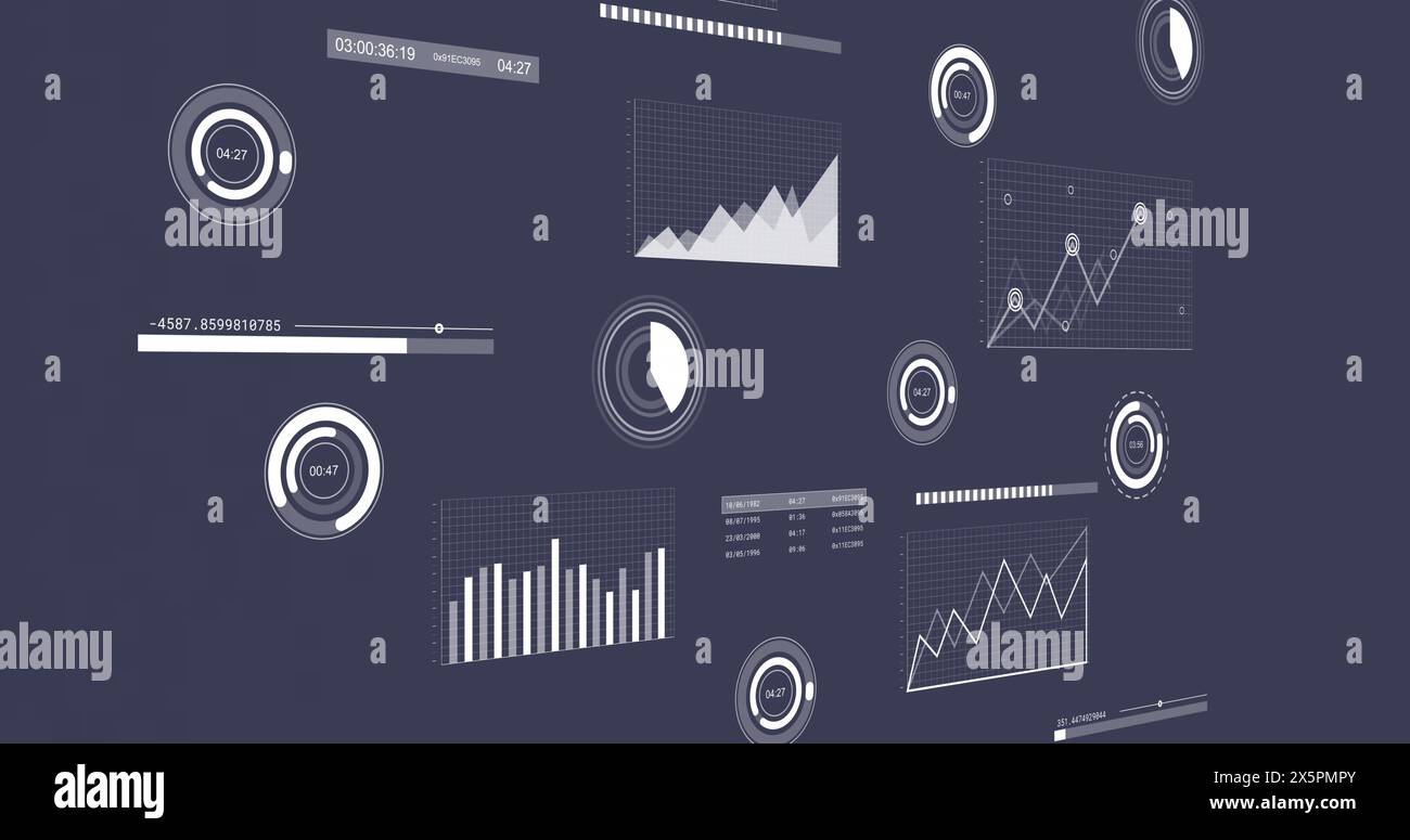 Immagine dell'interfaccia con elaborazione dei dati statistici su sfondo blu Foto Stock