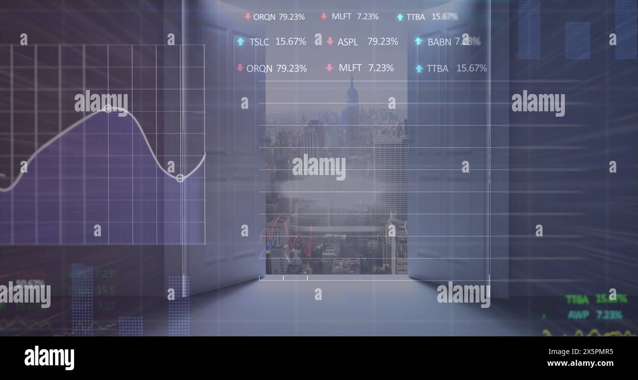 Immagine di grafici e banchi di trading, paesaggio urbano moderno attraverso una finestra aperta Foto Stock