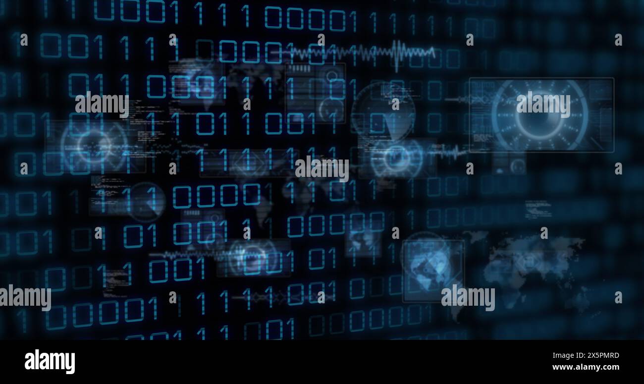 Immagine di codici binari, radar, mappe, globi e linguaggio informatico su sfondo nero Foto Stock