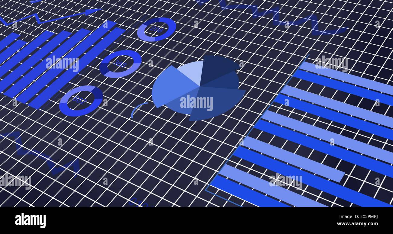 Immagine dell'interfaccia con elaborazione dei dati statistici tramite rete a griglia su sfondo blu Foto Stock