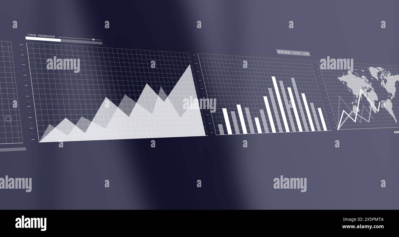 Immagine dell'interfaccia con elaborazione dei dati statistici su sfondo grigio Foto Stock