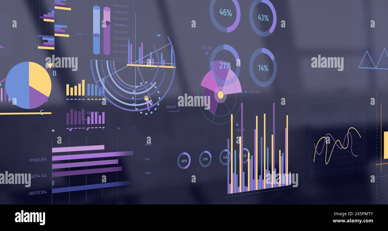 Immagine dell'interfaccia con elaborazione dei dati statistici rispetto a un ufficio vuoto Foto Stock
