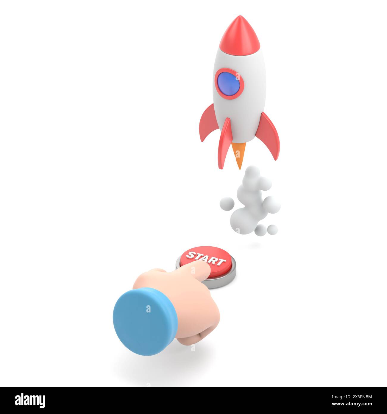 Icona movimento cartoni animati Mockup. L'uomo d'affari isometrico 3d piatto preme il pulsante di avvio per lanciare un razzo spaziale. Concept di avvio aziendale.rendering 3D. Foto Stock