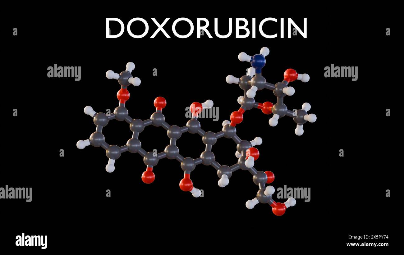 Rendering 3d delle molecole di doxorubicina, è un tipo di farmaco chemioterapico chiamato antraciclina Foto Stock