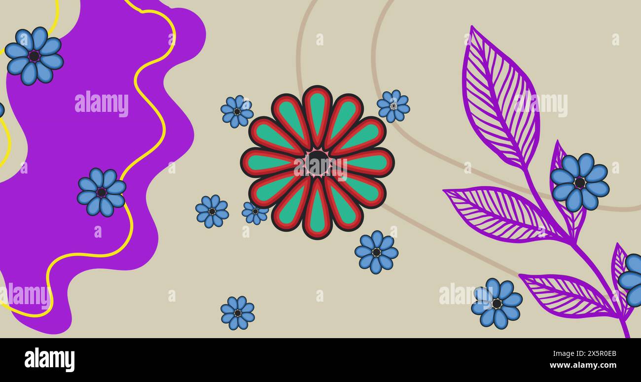 Fiori e foglie vivaci adornano lo sfondo beige Foto Stock