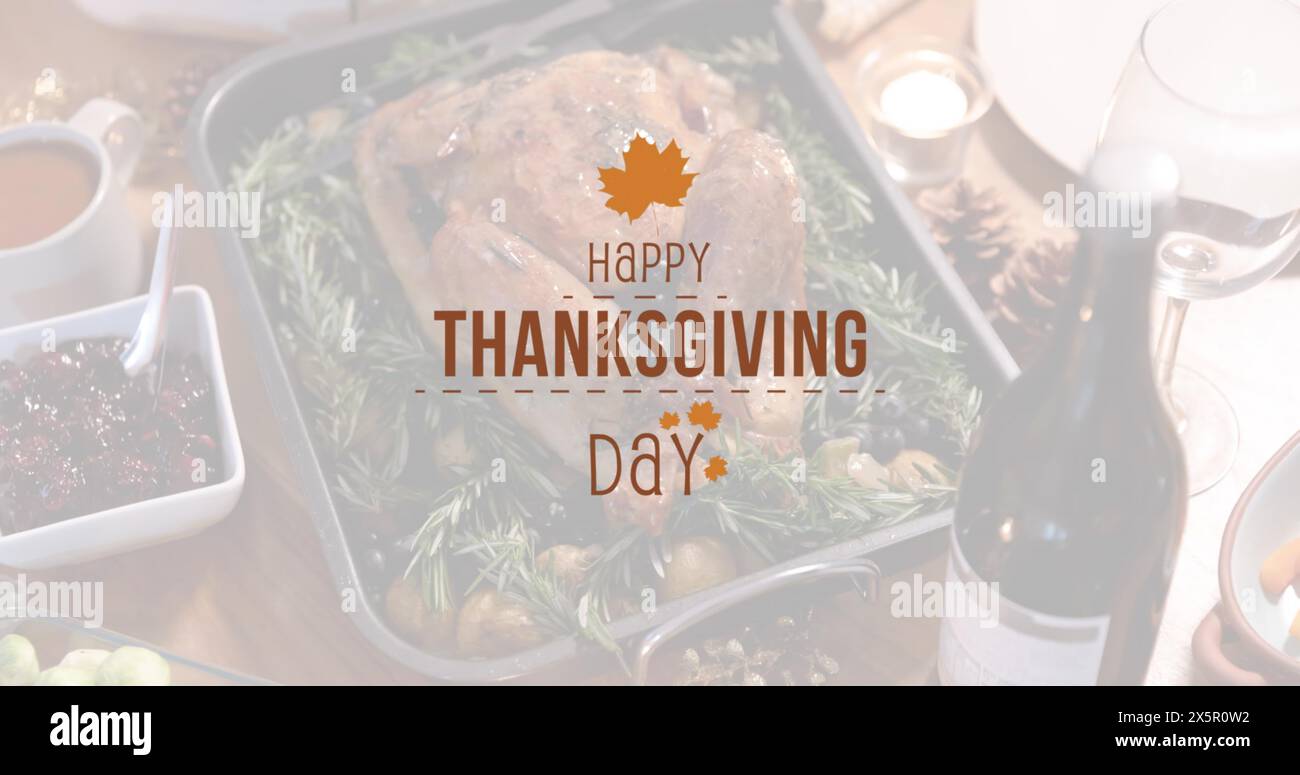 Immagine del testo del giorno del ringraziamento sul tacchino arrosto e sul pasto del Ringraziamento Foto Stock
