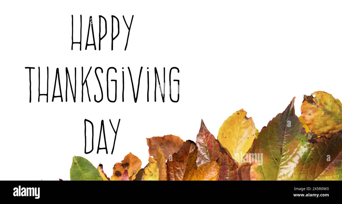 Immagine del testo del giorno del Ringraziamento sulle foglie autunnali su sfondo bianco Foto Stock