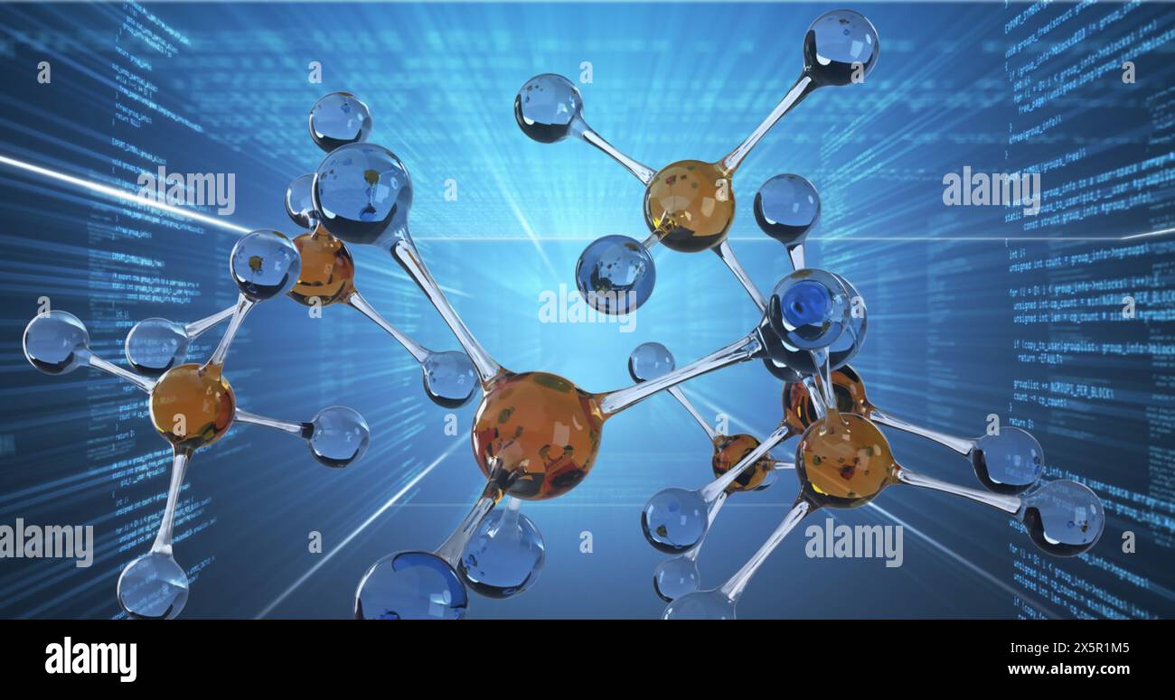 I modelli molecolari sono fluttuanti davanti allo sfondo dei dati digitali Foto Stock
