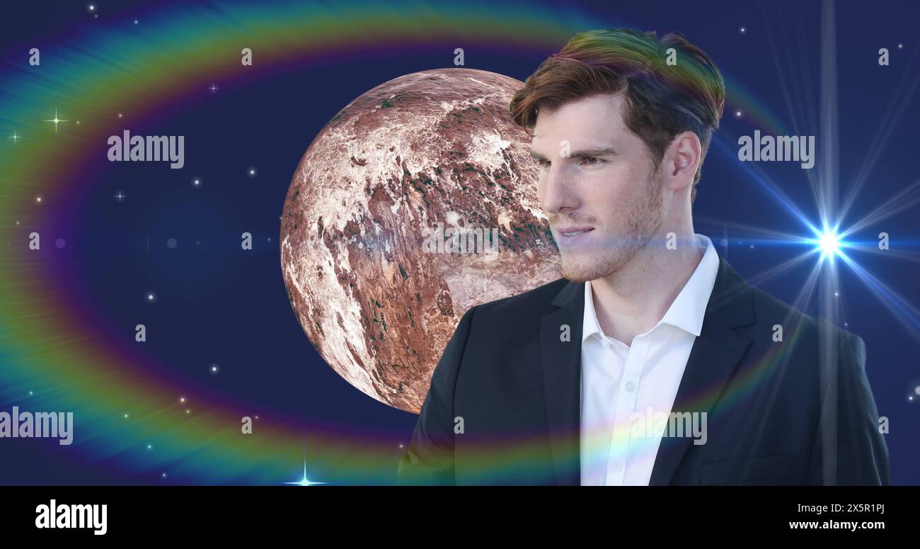 Immagine di stelle e luna sull'uomo caucasico Foto Stock