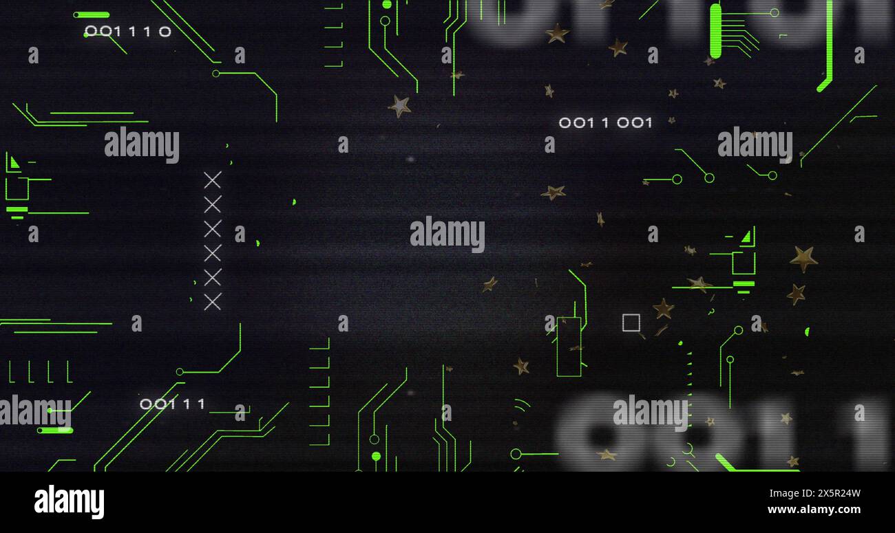 Immagine della tecnica di glitch sul contrassegno x, codice binario, schema del circuito stampato su sfondo nero Foto Stock