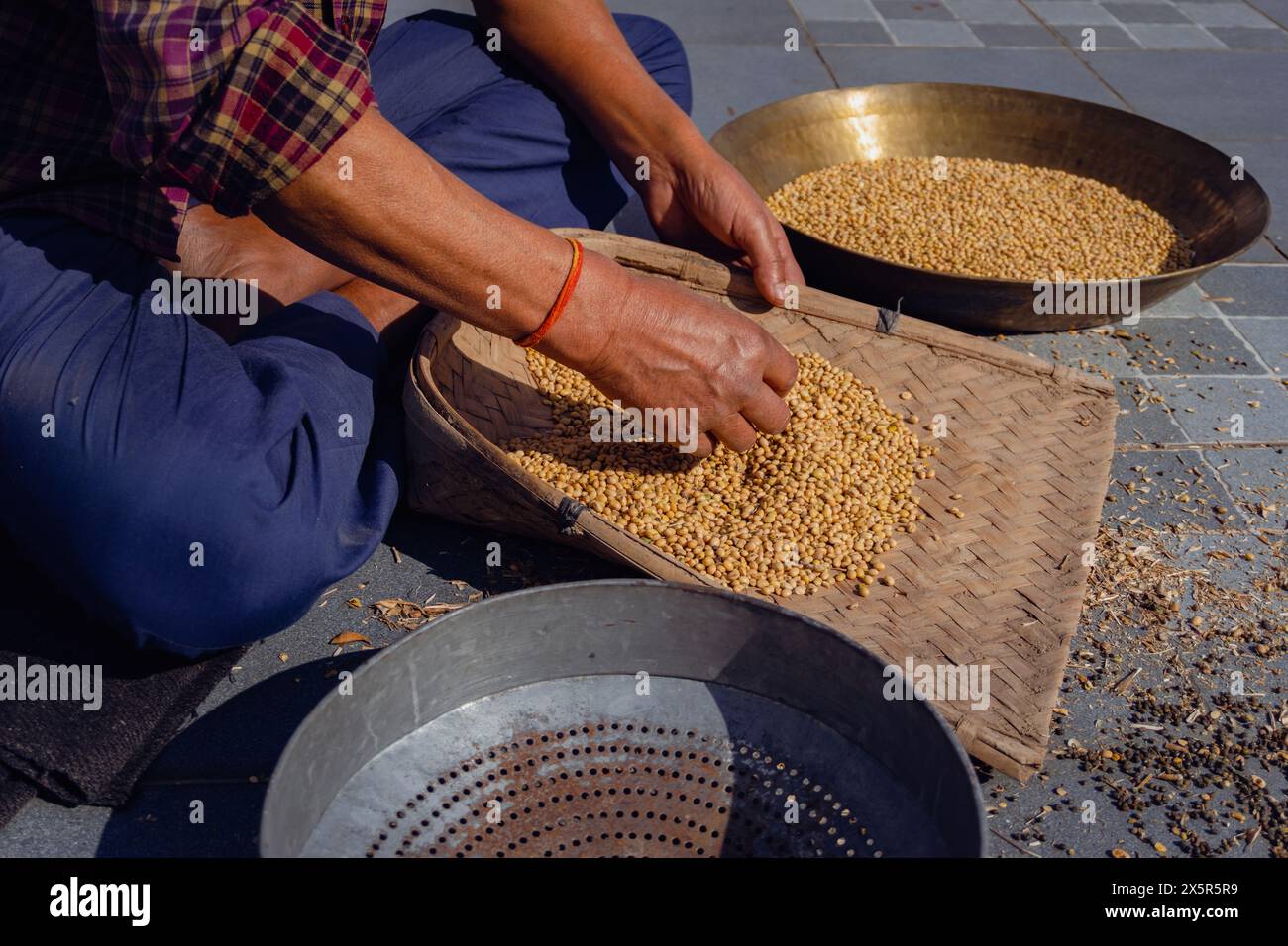 Processo di pulizia manuale della granella o della soia a impulsi post-raccolto in Uttarakhand, India, con coloratore o channi. Gambero agricolo biologico tradizionale Foto Stock