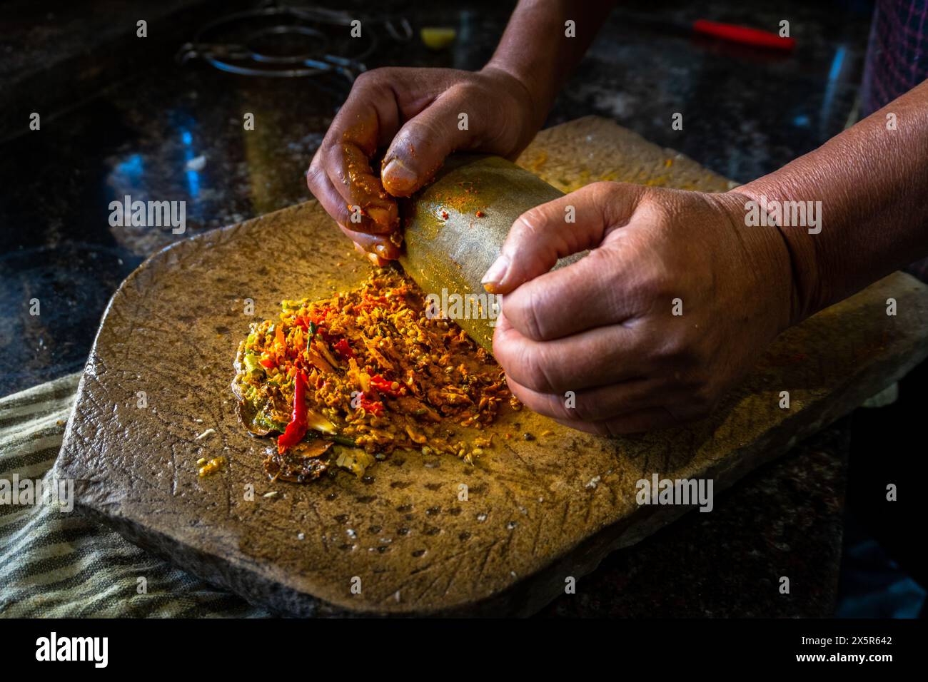 Macinatura della pietra di spezie indiana tradizionale: Lavorazione artigianale della pietra in famiglia - Patrimonio culinario. Uttarakhand Foto Stock