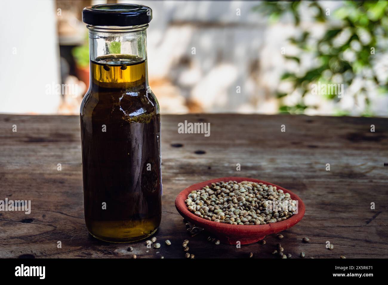 Bottiglie di olio di semi di canapa e semi su un tavolo rustico in legno. Foto Stock