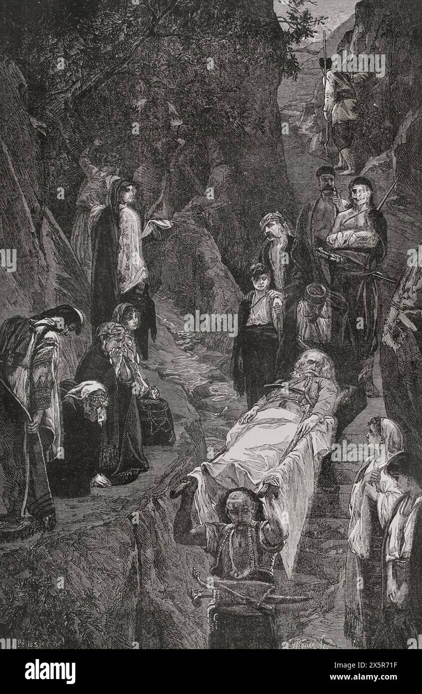 Guerra russo-turca (1877-1878). Trasporto di un leader montenegrino ferito a morte. Il Montenegro fu alleato con l'Impero russo e la Serbia durante il conflitto. Incisione di Moller. "La Guerra de Oriente" (la guerra russo-turca). Volume I. 1877. Foto Stock