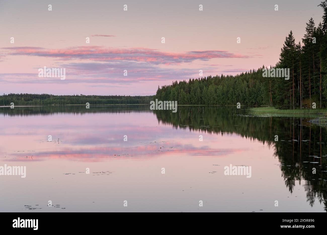 Lago vicino ad Hartola, riflesso, foresta, atmosfera serale, Finlandia, Europa Foto Stock