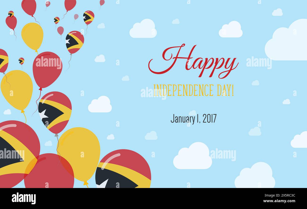 Timor Est Est Independence Day scintillante poster Patriottico. Fila di palloncini nei colori della bandiera timorese. Biglietto di auguri con bandiere nazionali, blu Illustrazione Vettoriale