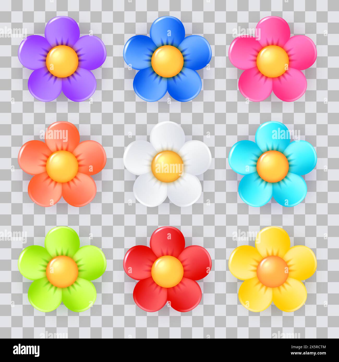 Set colorato e realistico di fiori a margherita 3D. Collezione di elementi di design per piante in plastica lucida vettoriale. Icone floreali in camomilla multicolore, isolate Illustrazione Vettoriale