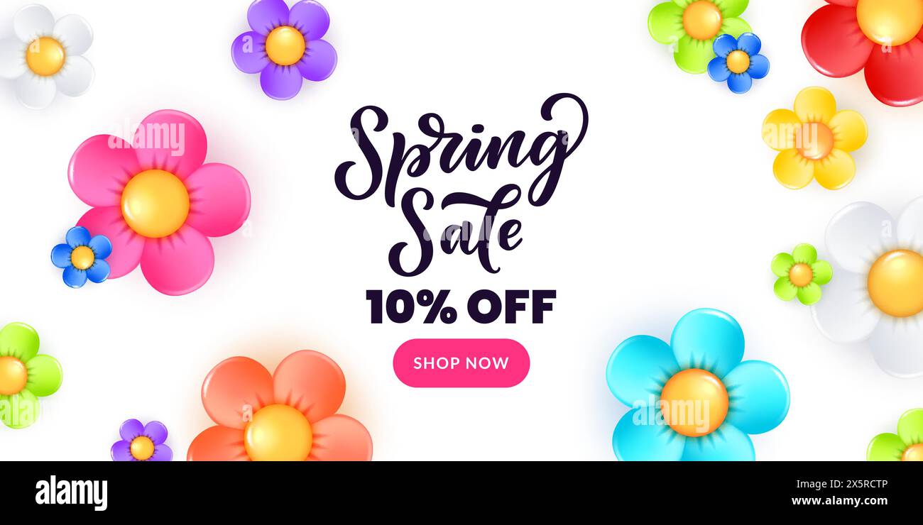 Banner o poster con fiori a margherita 3d colorati e realistici. Modello di progettazione di piante in camomilla in plastica lucida vettoriale con sfondo bianco Illustrazione Vettoriale