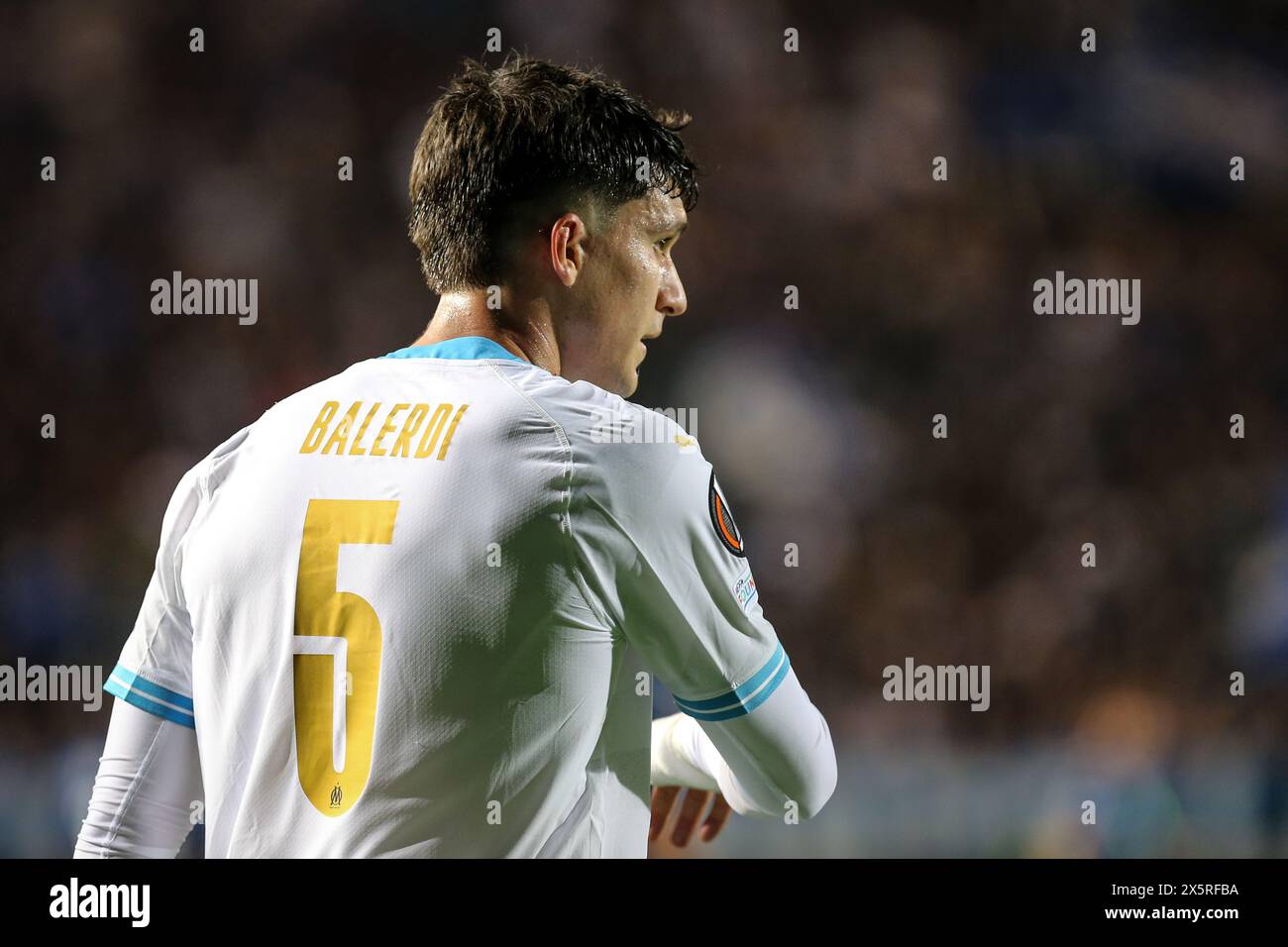 Bergamo, Italia, 09 maggio 2024. Leonardo Balerdi durante la partita tra l'Atalanta e l'Olympique Marseille per la semifinale UEFA Europa League a Gewiss Foto Stock