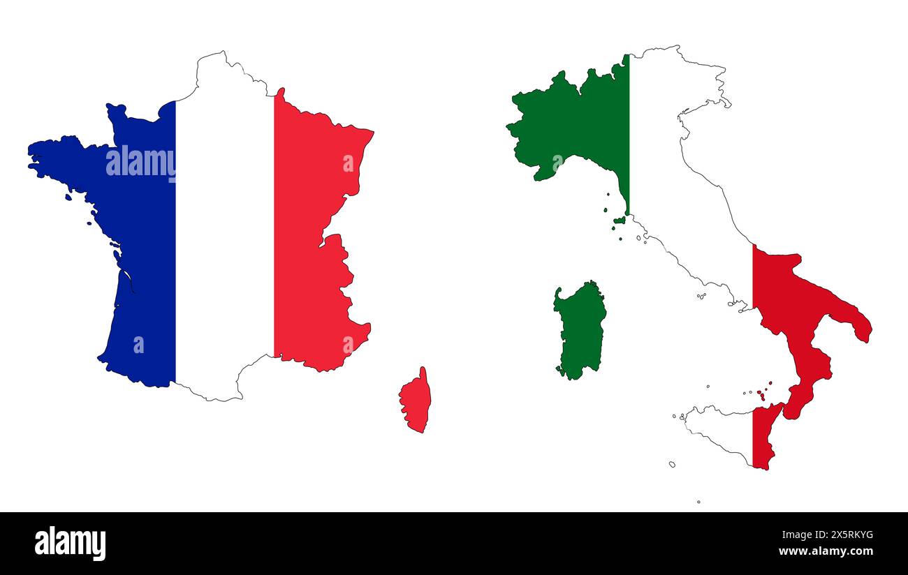 Mappa dell'Italia e della Francia nei colori della bandiera nazionale. Illustrazione della mappa dei paesi europei. Foto Stock