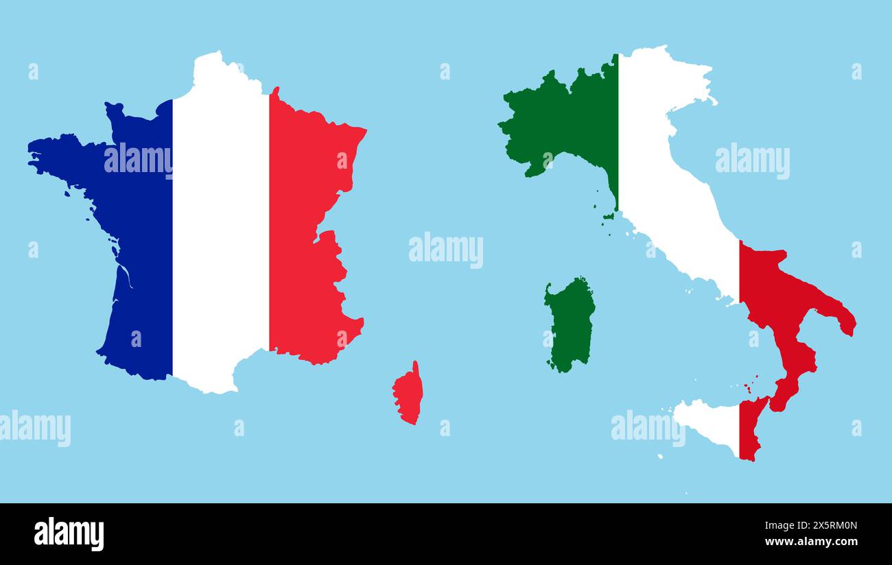 Mappa dell'Italia e della Francia nei colori della bandiera nazionale. Illustrazione della mappa dei paesi europei. Foto Stock